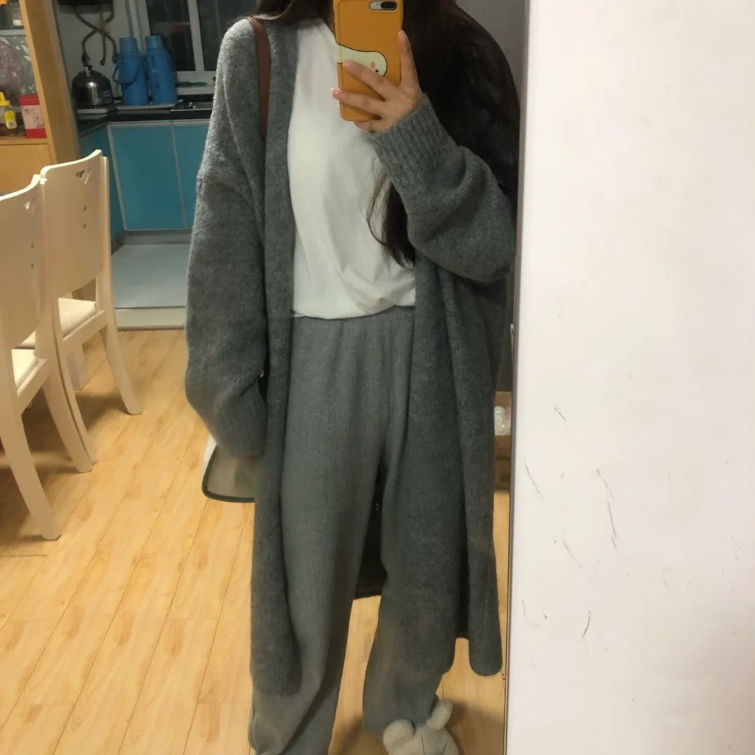 十三行奶呼呼杏色毛衣外套女秋冬宽松慵懒风小个子中长款针织开衫 Specification image