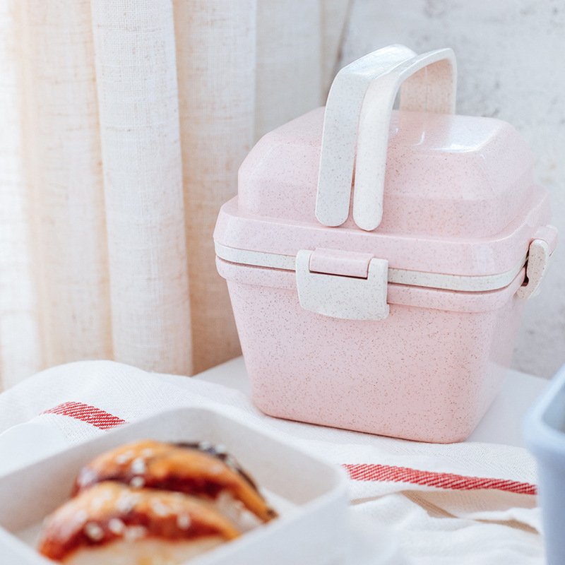 Mini caja de almuerzo de cabaña de trigo estilo japonés caja de almuerzo cuadrada para niños dibujos animados con asa caja de bento de compartimento dividido Specification image