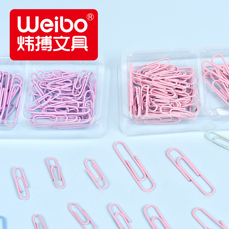 Weibo's new multi-color office supplies in stock, including colored paper clips in boxes, plastic-coated paper clips, and paper clips for wholesale Specification image