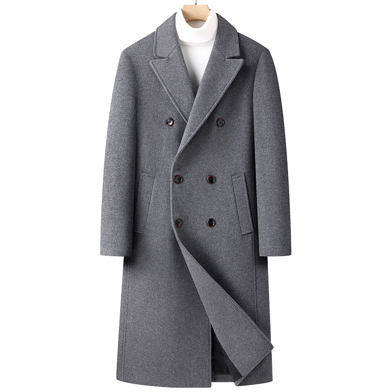 New autumn and winter woolen overcoat for men, knee-length long double-breasted diagonal pocket business casual wool coat for men Item Picture