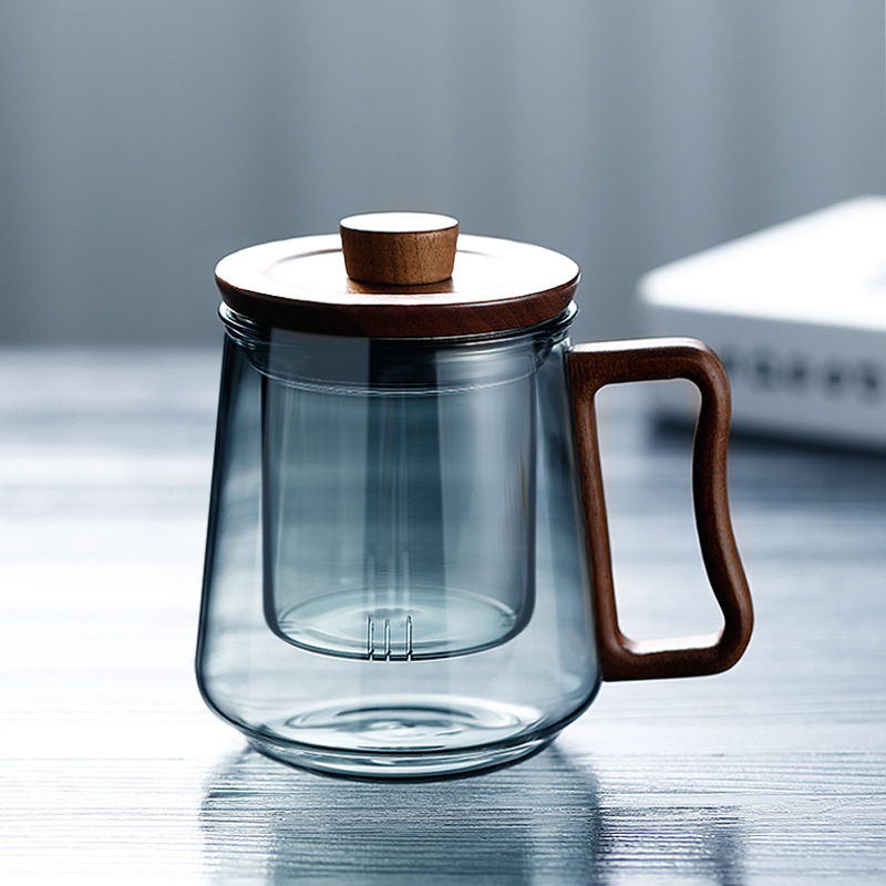 木手把茶水分离杯耐热玻璃泡茶杯子带盖花茶杯水杯过滤茶道杯礼品