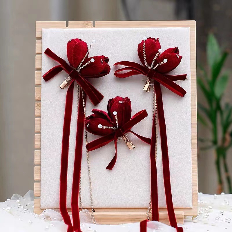 New Chinese Wedding Wedding Velvet Tulip Headwear Streamer Hairpin Ethnic Style Bride Toast Red Suit Specification drawing