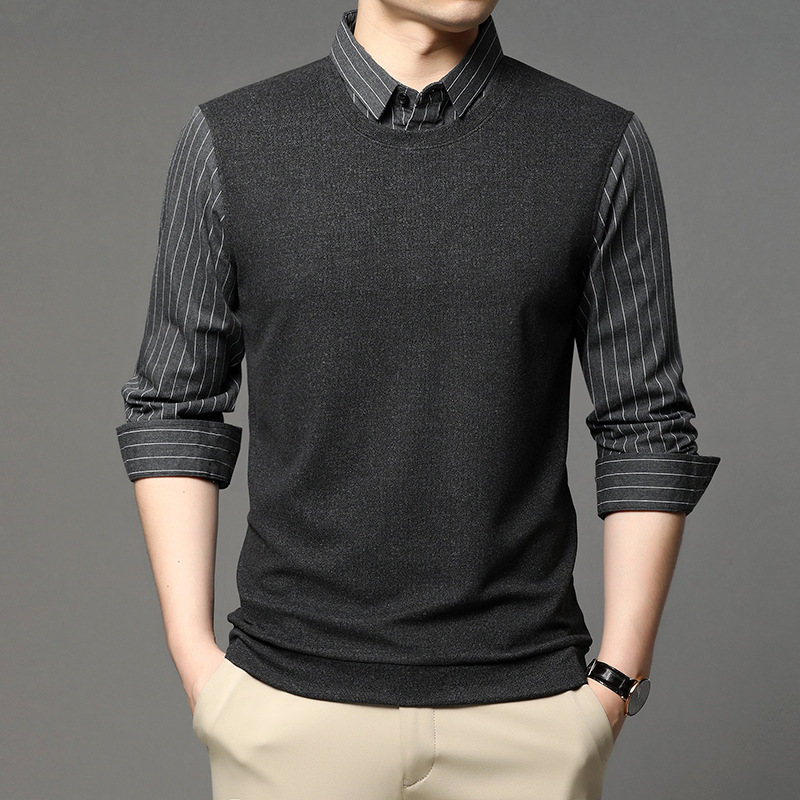 Spring and Autumn new style two-piece knitted long-sleeved T-shirt, fashionable Korean version business lapel base layer for middle-aged and young men A551 details Picture