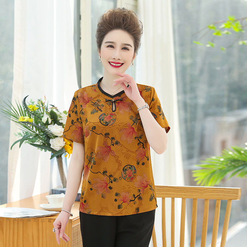 New Spring and Autumn round-neck pullovers chiffon top for middle-aged and elderly mothers. Women's fashion, large-sized breathable Chinese-style short-sleeved outerwear details Picture