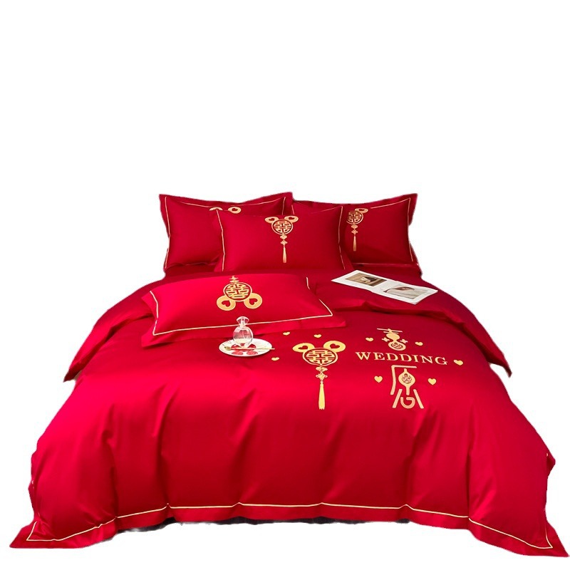 Nuevo bordado de boda conjunto de cuatro piezas pelo lavado y esmerilado sábanas rojas grandes fundas de edredón acompañantes de boda regalos ropa de cama Item Picture
