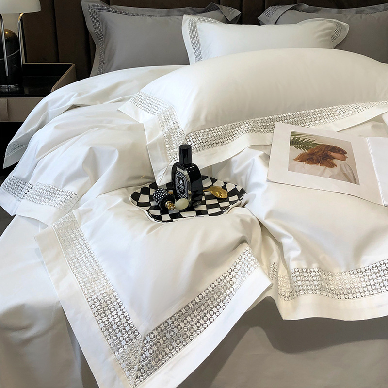 Italian Light Luxury Hotel Style 140 Xinjiang Long Staple Cotton Four-Piece Set Plain Color All Cotton Hollow Soft Skin Quilt Cover details Picture