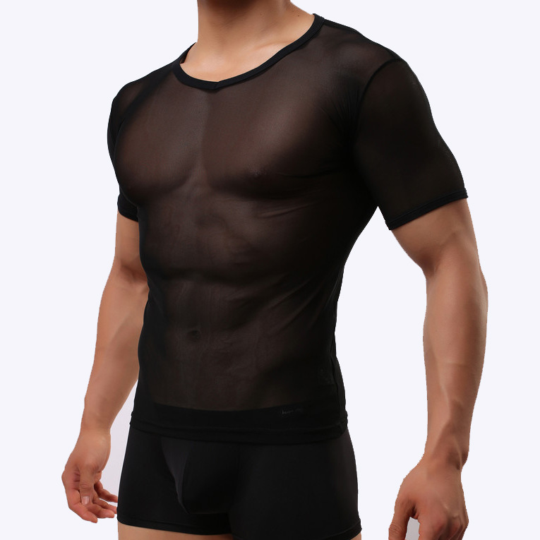 男士紧身肌肉猛男性感网纱透明短袖T恤男生透气运动短袖T恤男E670