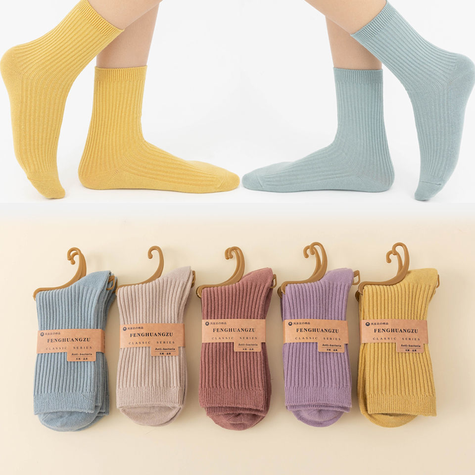 23 Summer New New Women's Double Needle Socks Solid Color Fine Strip Casual Mid-Tube Women's Socks Thickened Warm Autumn And Winter Cotton Socks Wholesale details Picture