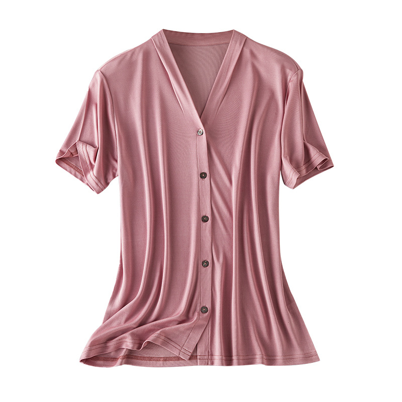 Heavyweight knitted silk V-neck cardigan T-shirt for women, simple and elegant mulberry silk, versatile top, skin-friendly and breathable short-sleeved Item Picture