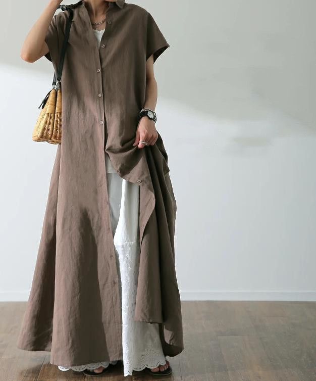 Japanese-style Lotte Korean single skirt pullover short-sleeved cotton and linen women's loose lapel fashionable casual shirt details Picture