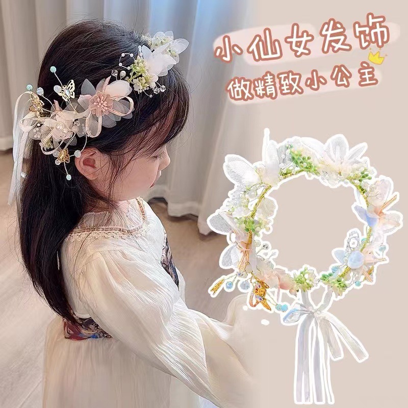 Children's Wreath Headdress Princess Mori Tie Headband Flower Child Dress Wedding Headaddress Girl Headband Hair Piece Girl Headaddress details Picture