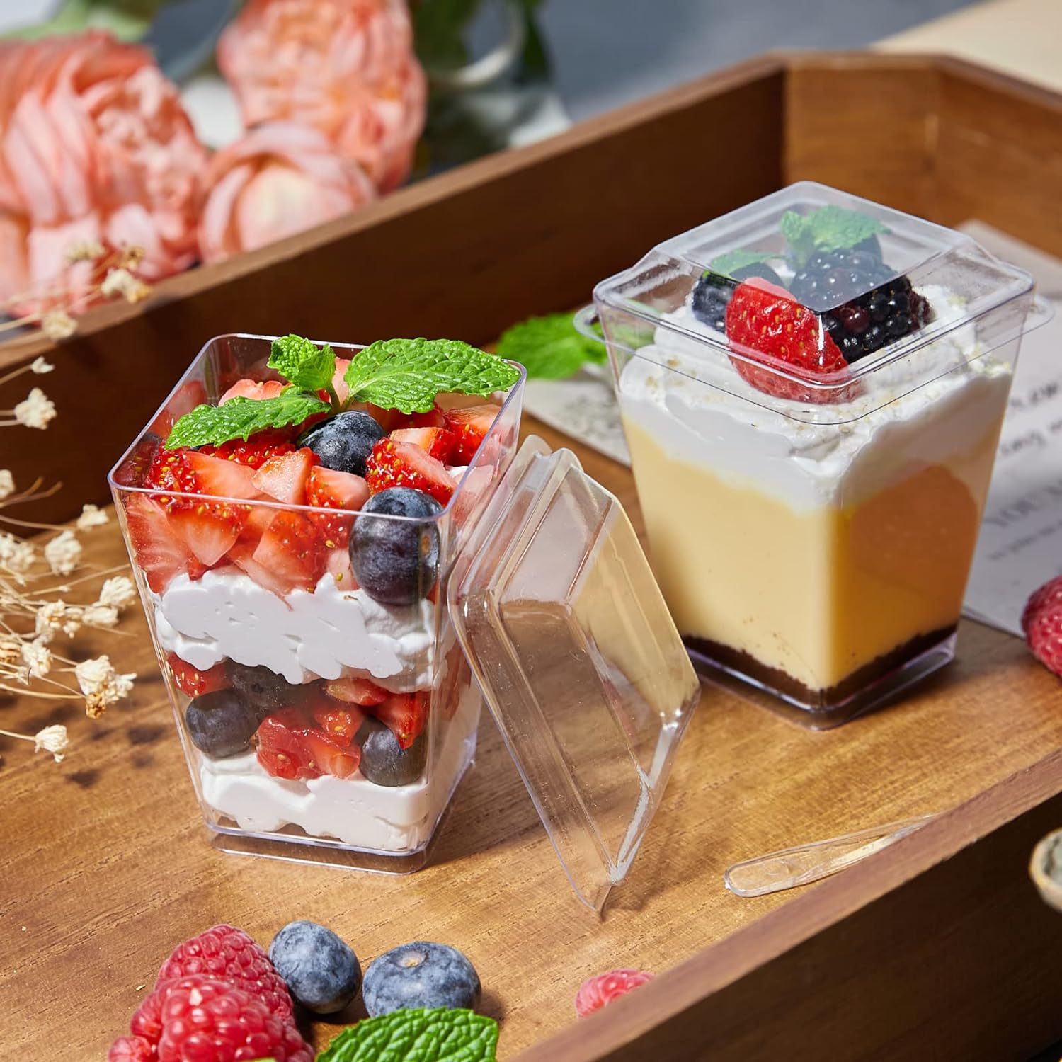 Cross-border mousse cup 5oz square dessert cup 150ml disposable transparent trapezoidal cup Hard plastic pudding cup with lid details Picture