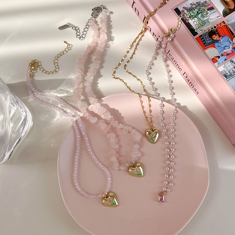 Pink square diamond tulip heart-shaped pearl necklace with a high-end feminine touch, a niche collarbone chain, sweet and cool, and a layered neck chain for a hot girl details Picture