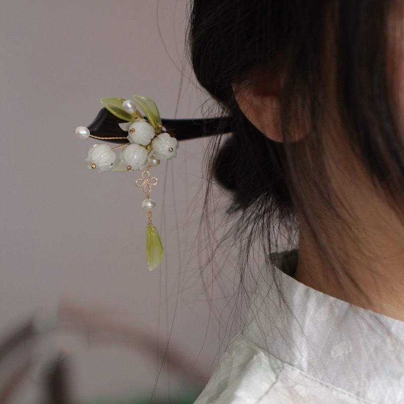 国风国潮古风铃兰花流苏发簪后脑勺盘发簪子汉服步摇气质旗袍发钗头饰发饰细节图