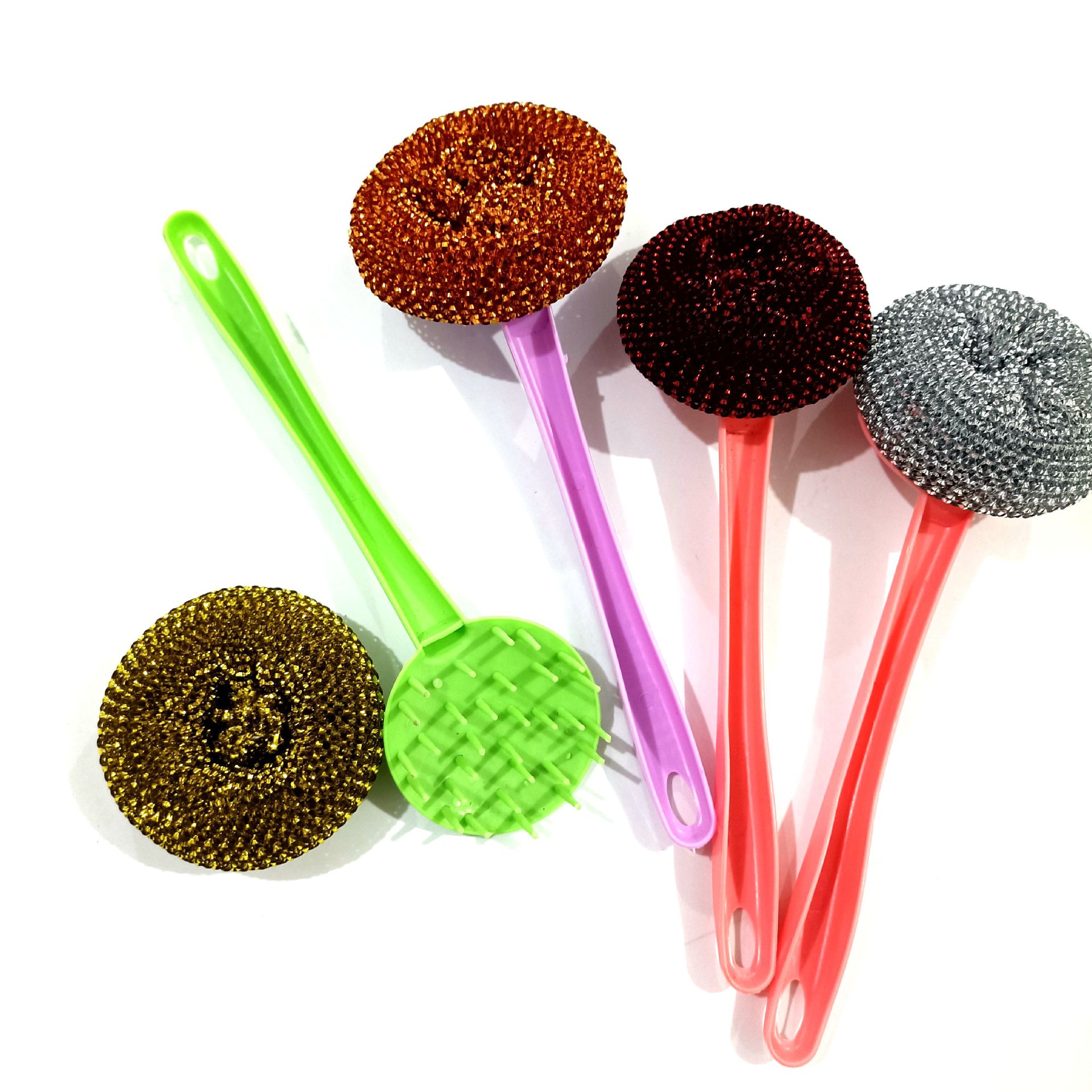 【 Zone 2-10 】 Gold Wire 【 Long Handle 】 Pot brush 500/ box, Multi-color plastic wire pot brush, bent pot brush, stainless steel wire brush, pot washing brush, cleaning ball, steel wool ball cleaning brush Specification image