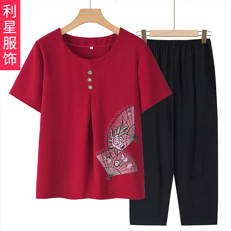 中老年妈妈夏装套装气质老年人老奶奶短袖T恤女夏款2024夏装新款