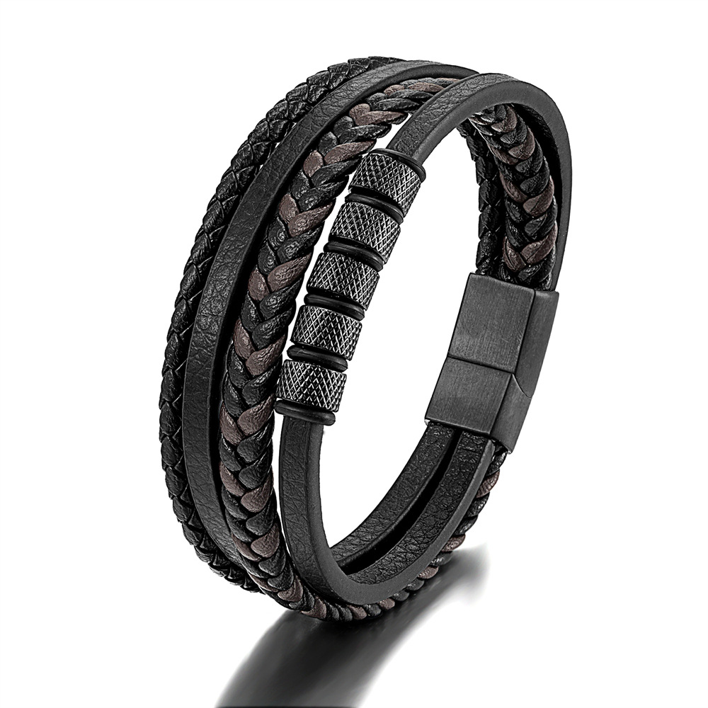 Cross-Border Foreign Trade Simple Stainless Steel Leather Rope Bracelet Europe And The United States Popular Multi-Layer Black Leather Woven Men's Bracelet