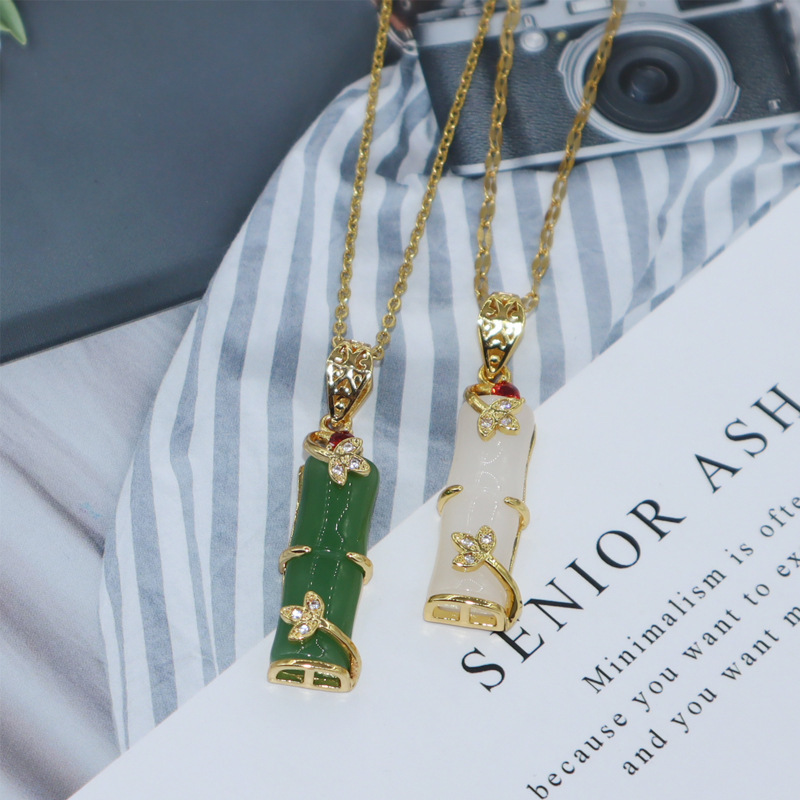 Titanium Steel Imitation Hotan White Jade Bamboo Necklace Women Plated 18K Gold Jewelry Necklace High Rise Rich Bamboo Clavicle Chain