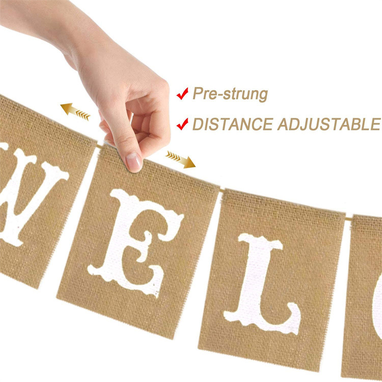 WELCOME retro country jute linen banner home fireplace fireplace decoration details Picture