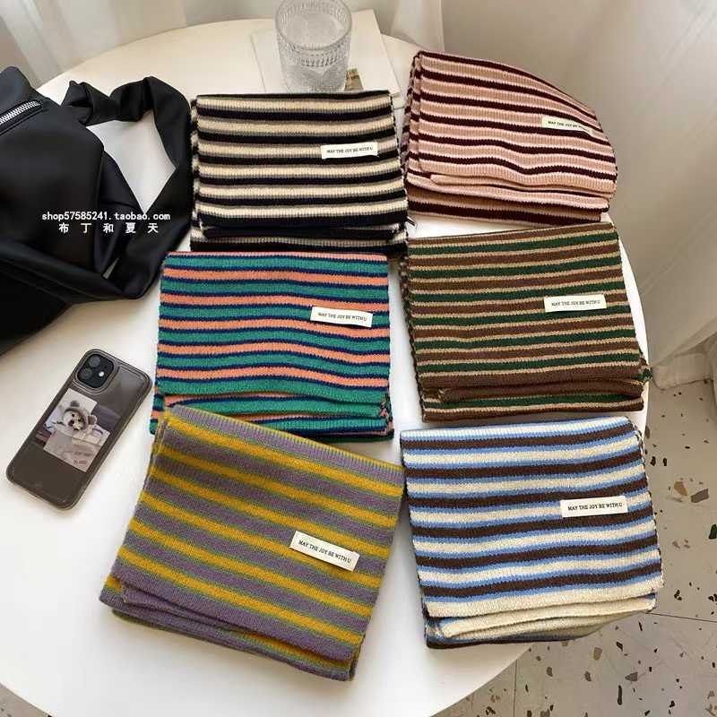 American pink faux cashmere striped knitted scarf, winter retro and high-end style, Korean style, versatile for couples, warm scarf for women details Picture