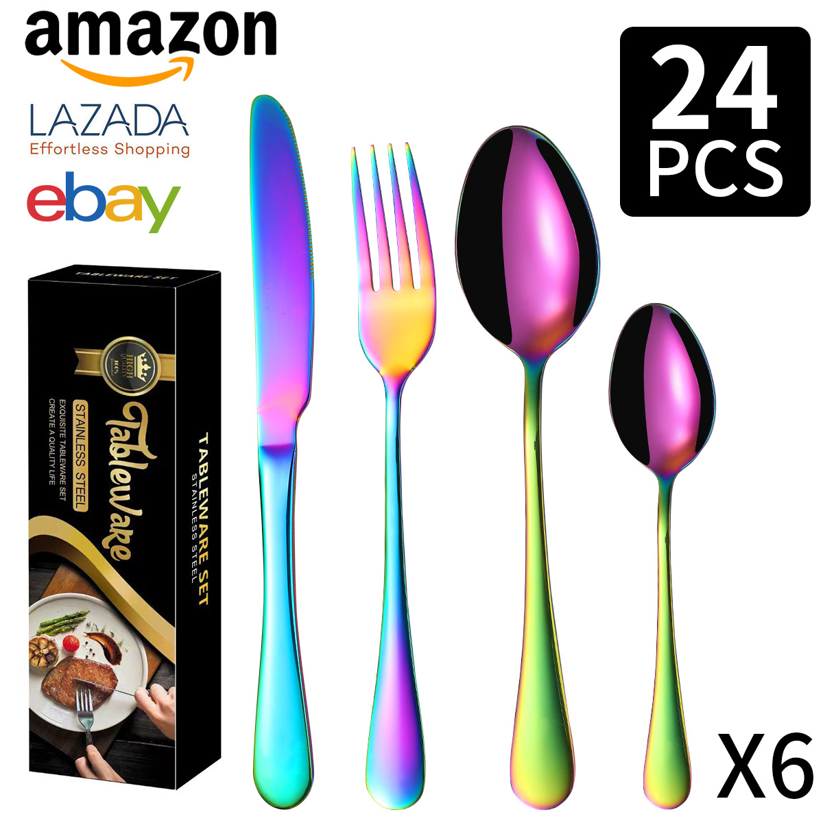 Cross-border Amazon 1010 Stainless Steel Tableware Set, 24-piece set of knives, forks and spoons, Titanium-plated Western Tableware gift Box set Item Picture