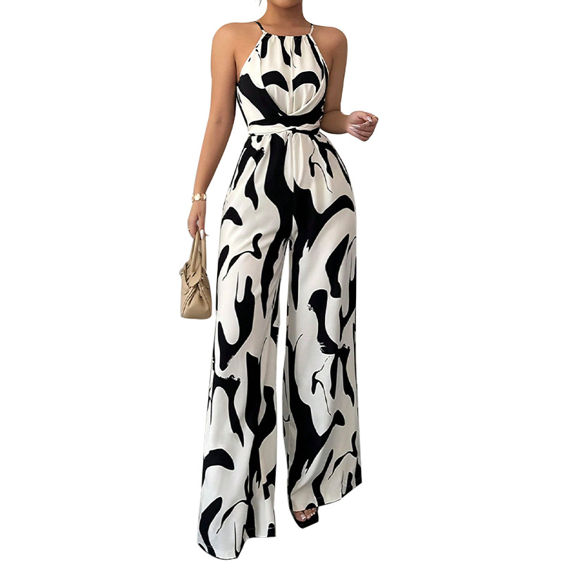 Cross-border trade INS Zebra print halter jumpsuit 2025 Spring/Summer European and American style lace-up wide-leg trousers women's wear Item Picture