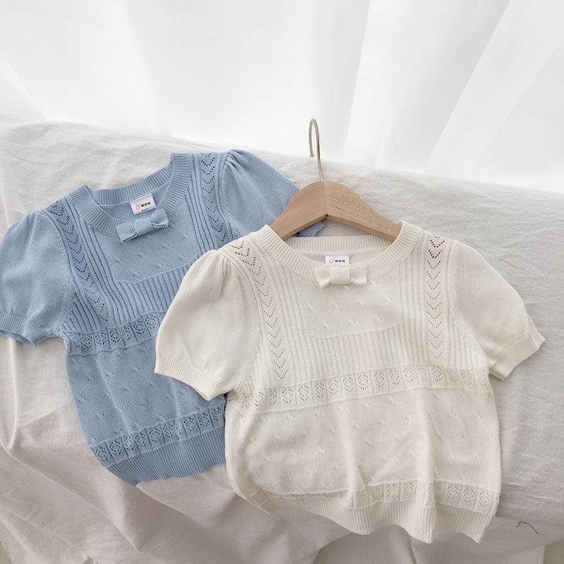 Summer girls' short-sleeved T-shirt, Korean style, trendy baby knitted short-sleeved, children's half-sleeved, ice silk top, thin style