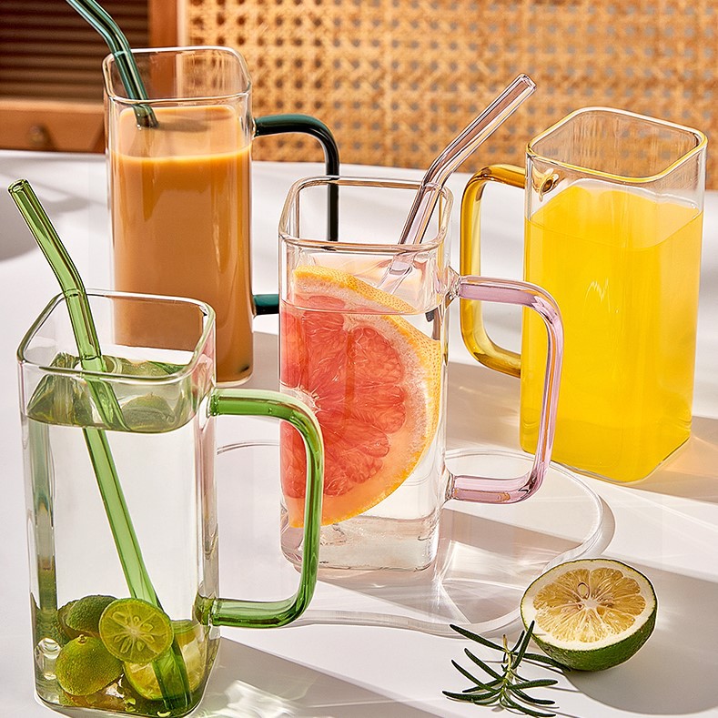 Creative glass cups, high-temperature resistant, bamboo lid transparent square glass straw cups, high appearance level, internet-famous water cups and beverage cups details Picture