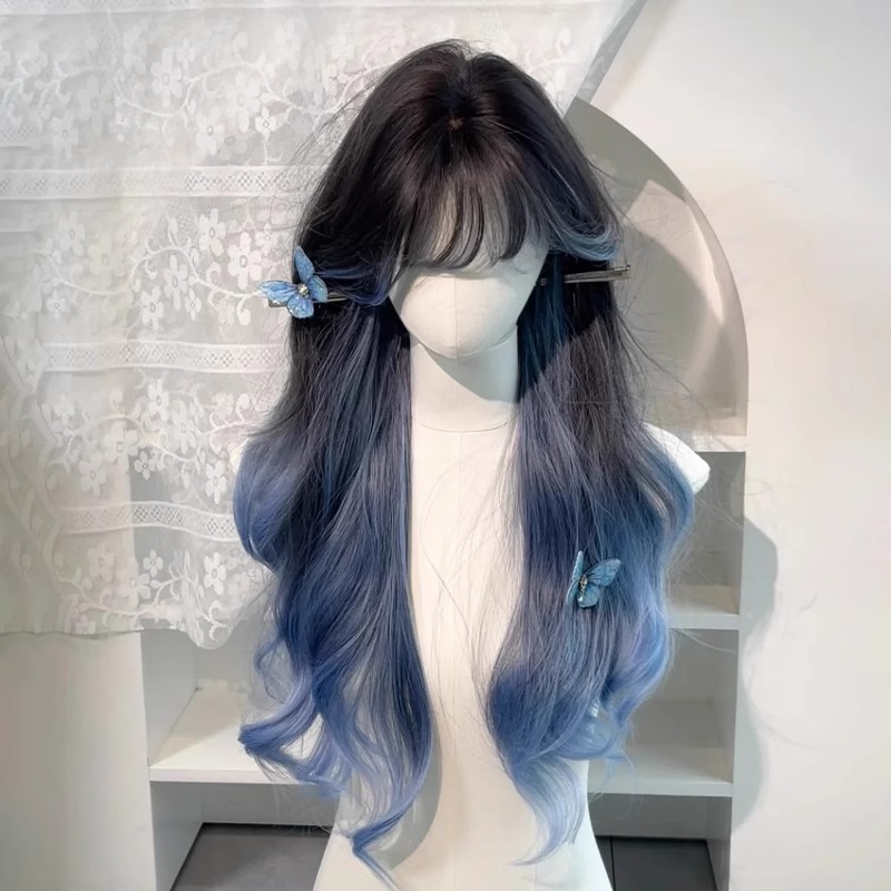 热销批发假发女蓝色挑染渐变齐刘海长卷发日常同款大波浪全头套式
