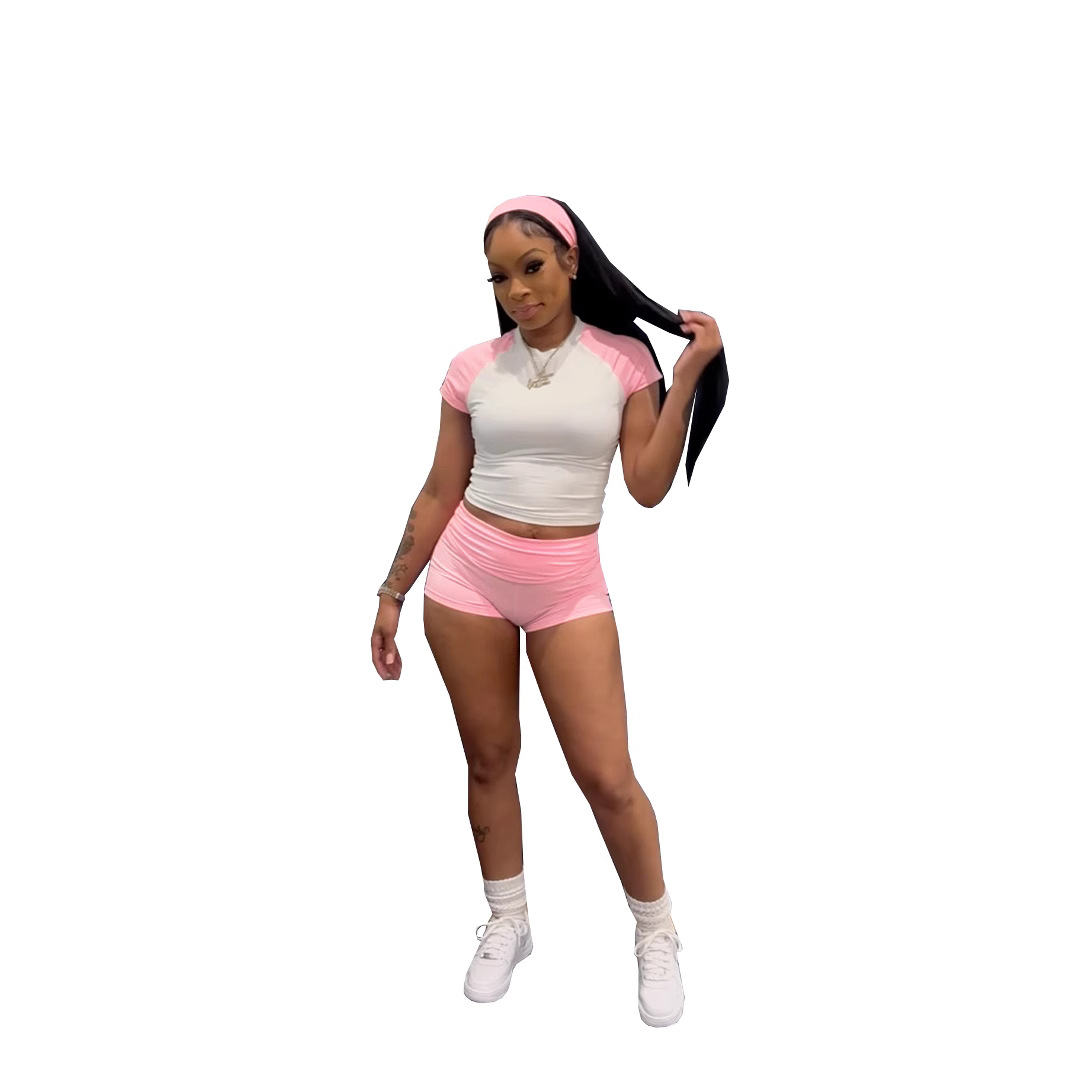 TW733 European and American cross-border street Hot Girl off-the-shoulder color-matching short-sleeved T-shirt High-waisted shorts Casual sportswear Set with hair band details Picture