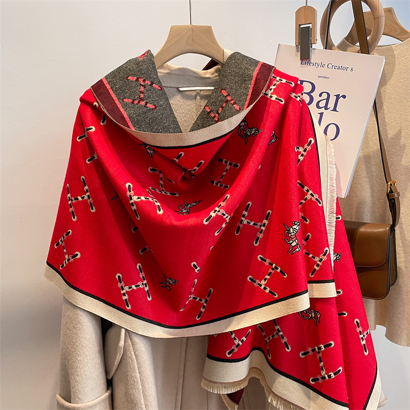 New Scarf Women's Imitation Cashmere Pulled Wool Thickened 2022 Winter Shawl Everything Neck H Letter Fashion Brand Explosion Specification drawing