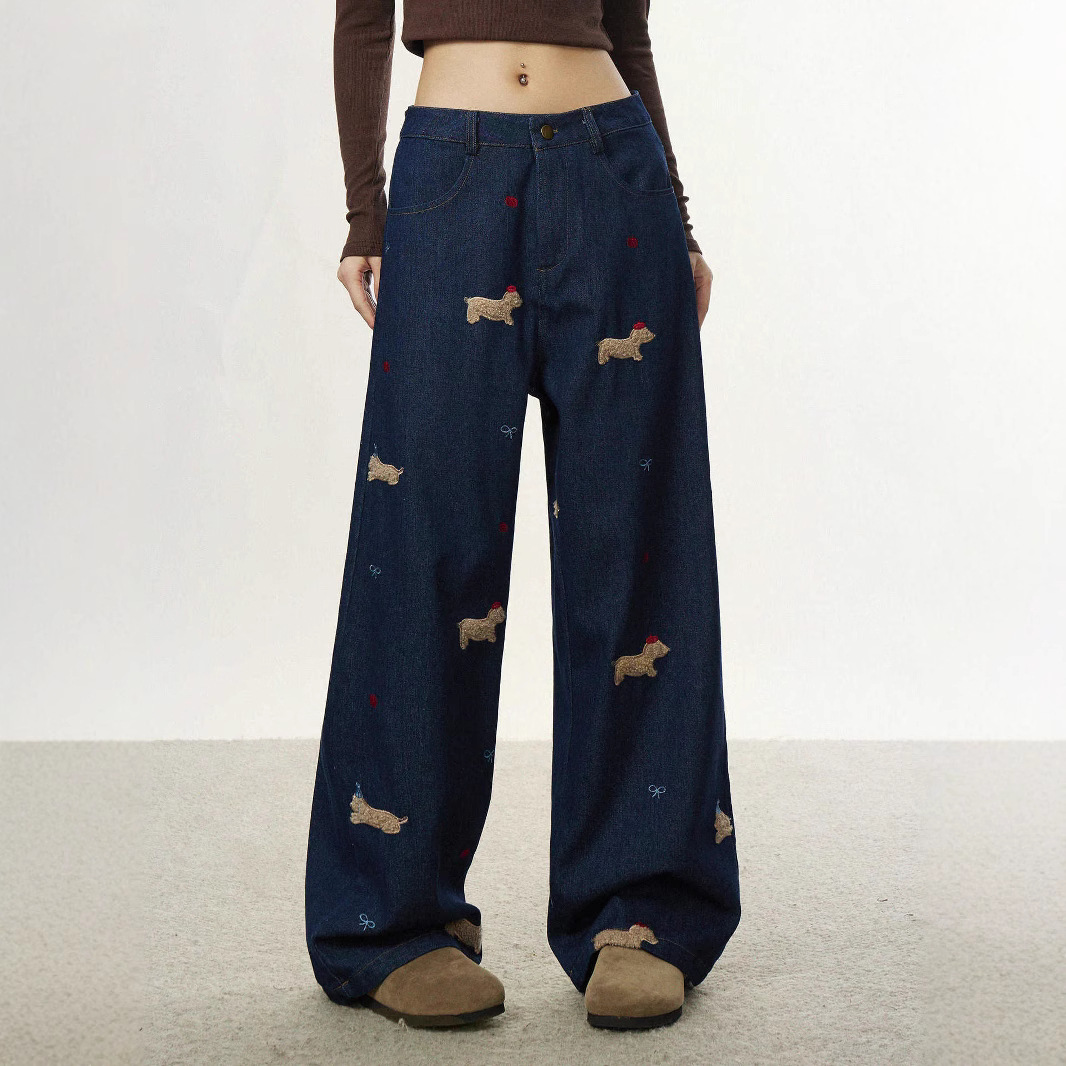 美式复古小狗贴布刺绣牛仔裤男女春秋设计感直筒裤宽松阔腿拖地裤