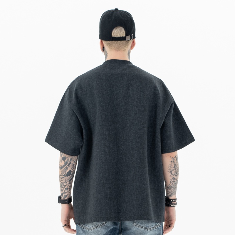 SUP Men's Wear - 2024 Spring/Summer new Collection: American streetwear brand solid color snowflake washable cotton loose off-the-shoulder short-sleeved T-shirt for men details Picture