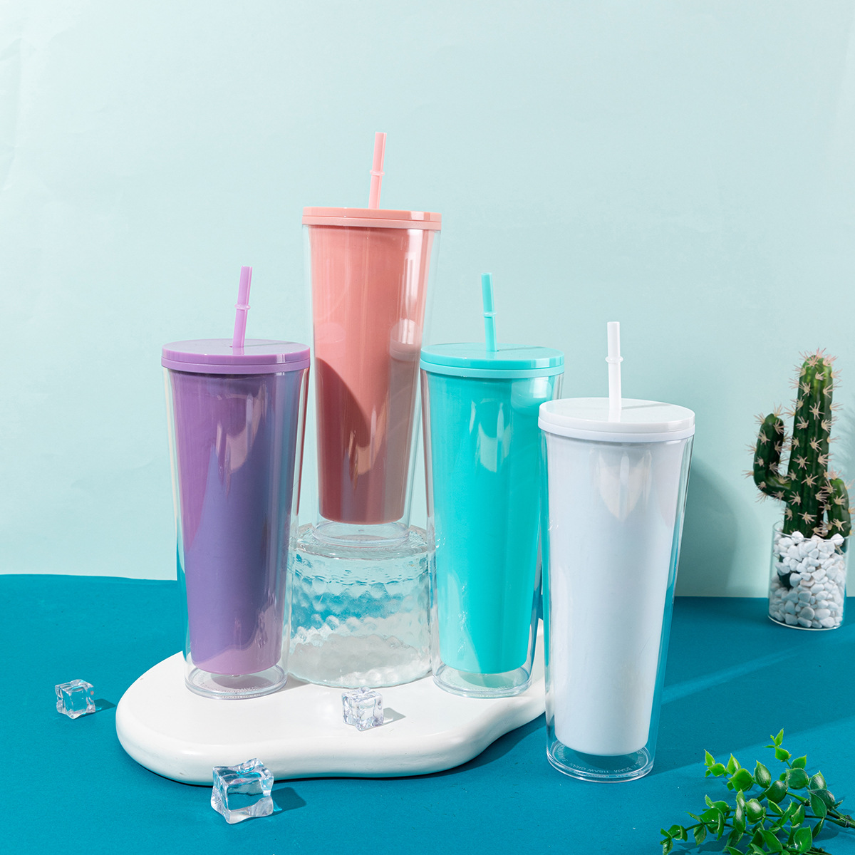 Cross-Border New Male And Female Couples Straw Cup Simple Large Capacity Double Plastic Cup Outdoor Portable Cup details Picture
