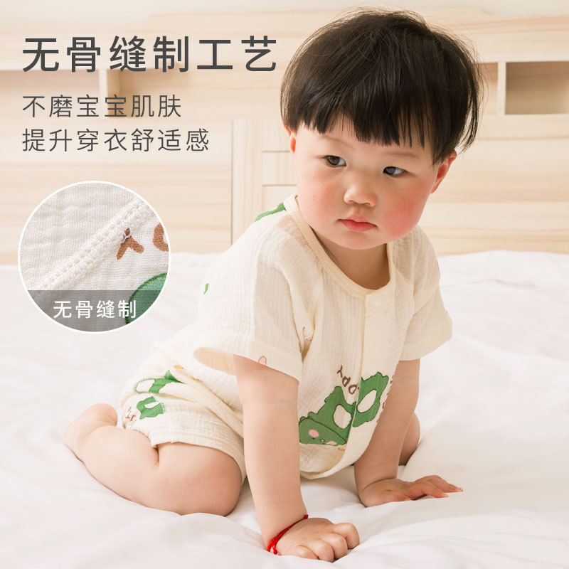 夏季新款短袖爬服纯棉纱布儿童睡衣婴儿家居服男童女宝连体空调服产品图