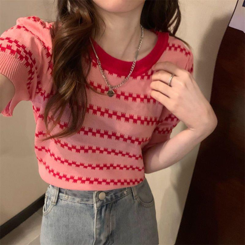 Fashion 2023 Summer Cute Style Fresh Sweet Ice Cool Silk Pullover Round Neck Slim-Fit Blouse For Women details Picture