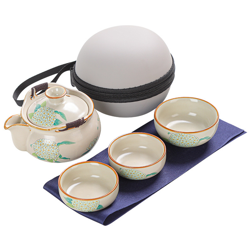 Ru Kiln Quick Guest Cup Portable bag, travel tea set, ceramic kung Fu tea set, one pot, three cups, souvenir gift, printed LOGO Item Picture