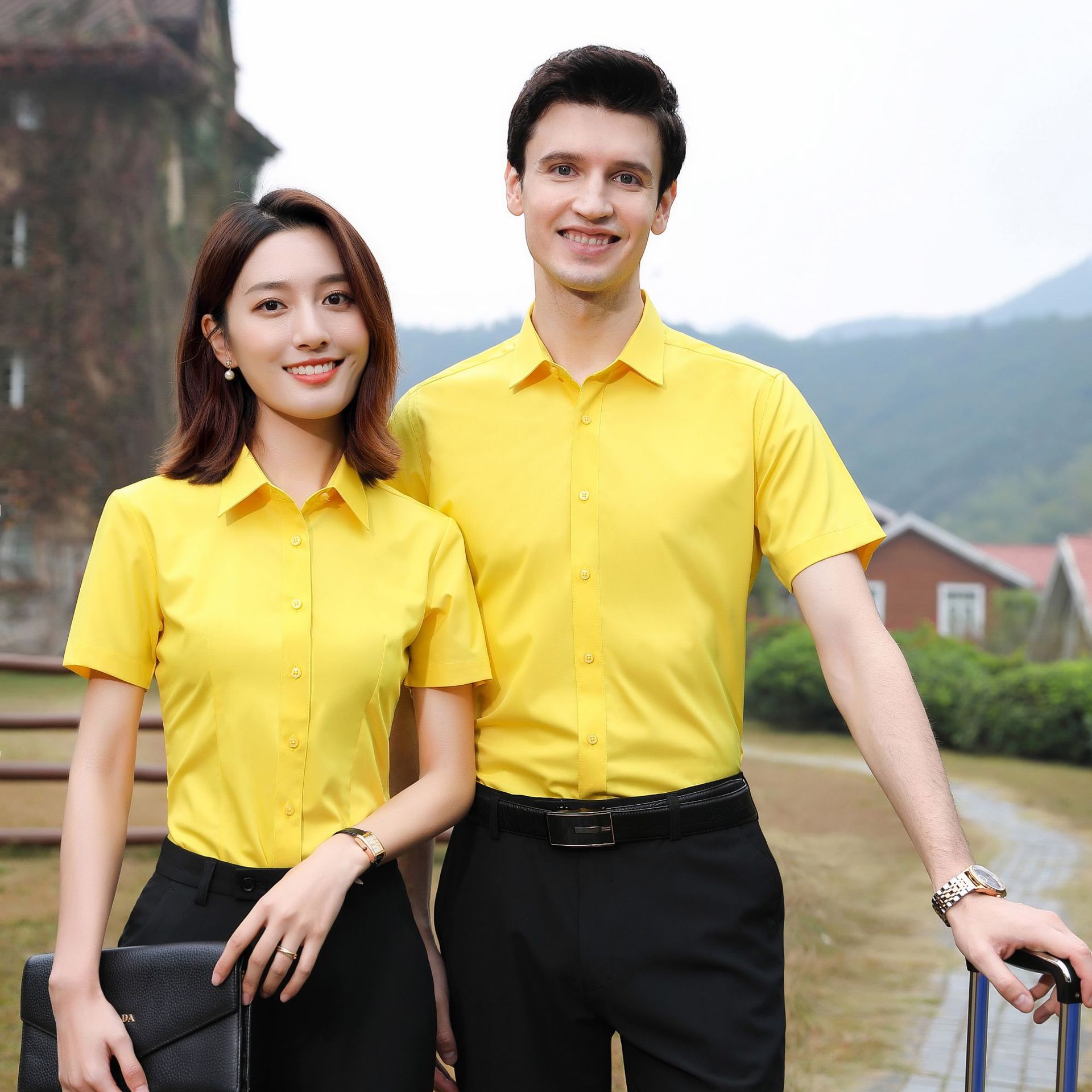 Summer bamboo fiber non-ironing white short-sleeved shirt, men's formal wear, unisplus-style work clothes, slim-fit blue shirt details Picture