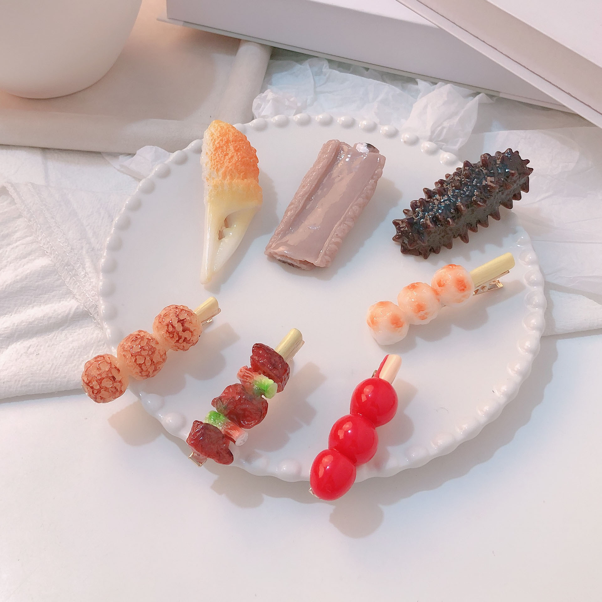 Fun ribs, simulated food, crab claws, funny grilled meat, hair clips, sea cucumber, creative side clips, sugar-coated haws, hair accessories details Picture