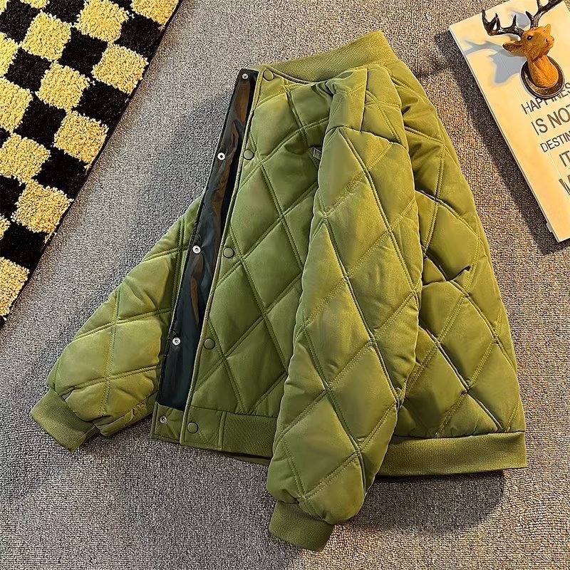 High-End Diamond-Shaped Checkered Cotton-Padded Jacket Winter Thickened Japanese Retro Trend Casual Baseball Clothes Warm Cotton-Padded Coat Men details Picture