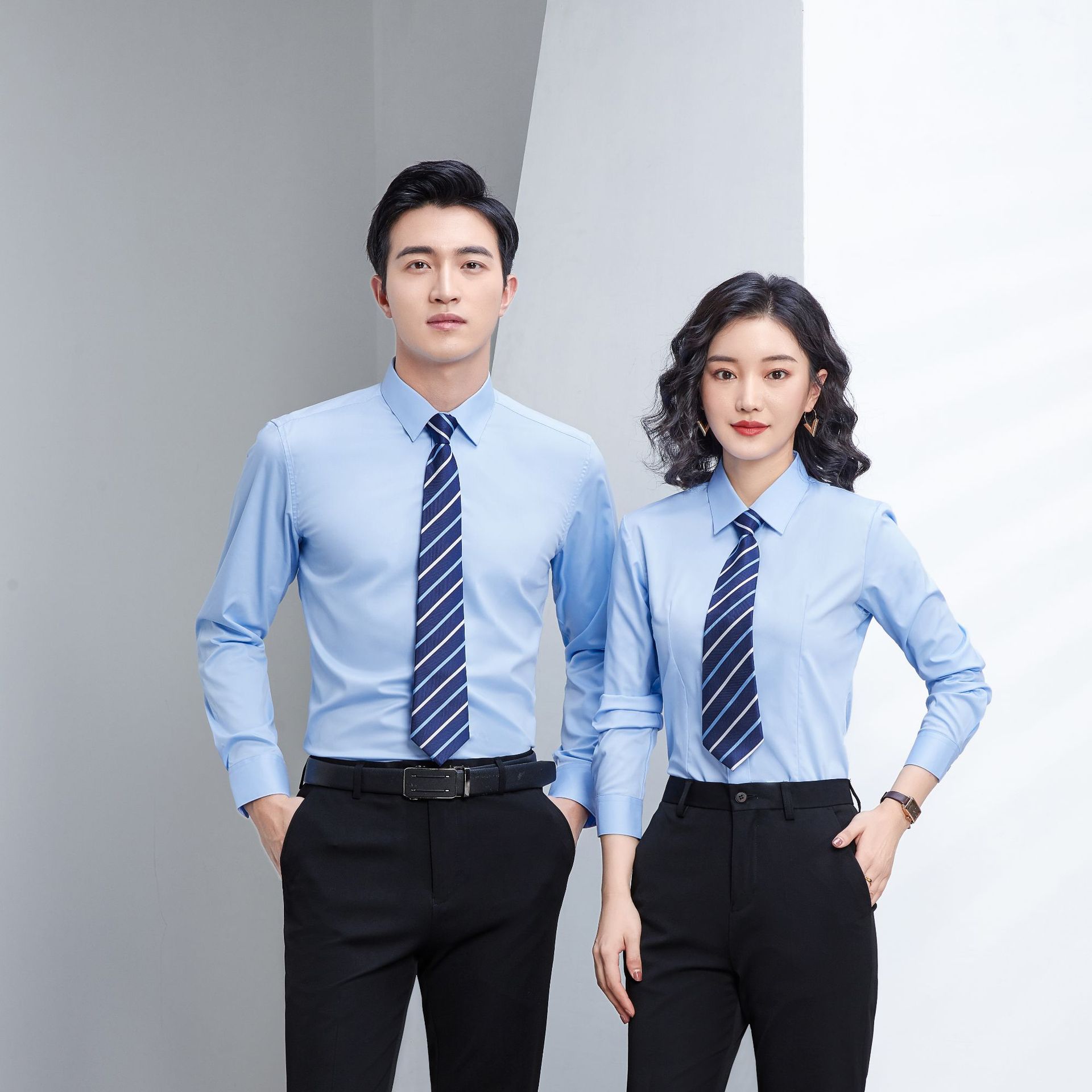 Factory direct supply of long-sleeved white bamboo fiber shirts for men, blue workwear no-iron fitted shirts for women, both men and women details Picture