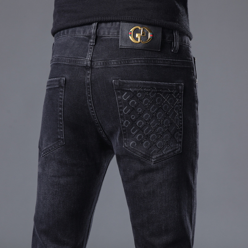 潮牌商务休闲直筒牛仔裤男2022秋冬新款青年印花烫钻修身小脚长裤