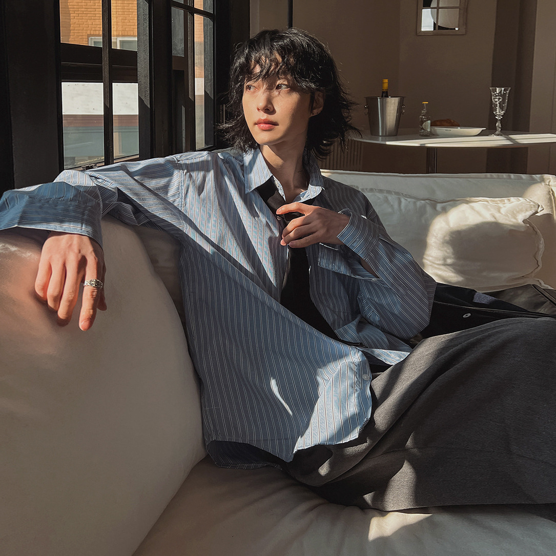 MYQ Japanese striped long-sleeved shirt for men, loose and casual autumn shirt, Korean-style commuting old money style outfit