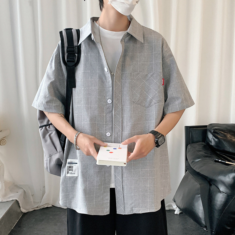 G51（港风）格子衬衫男短袖夏季男士休闲潮流帅气衬衣