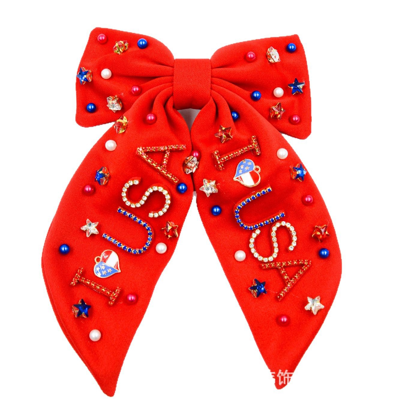Qiwei Accessories' exclusive cross-border new Independence Day hair band and hairpin, made of red, white and blue fabric with pearl rhinestones and USA letter hair accessories Item Picture