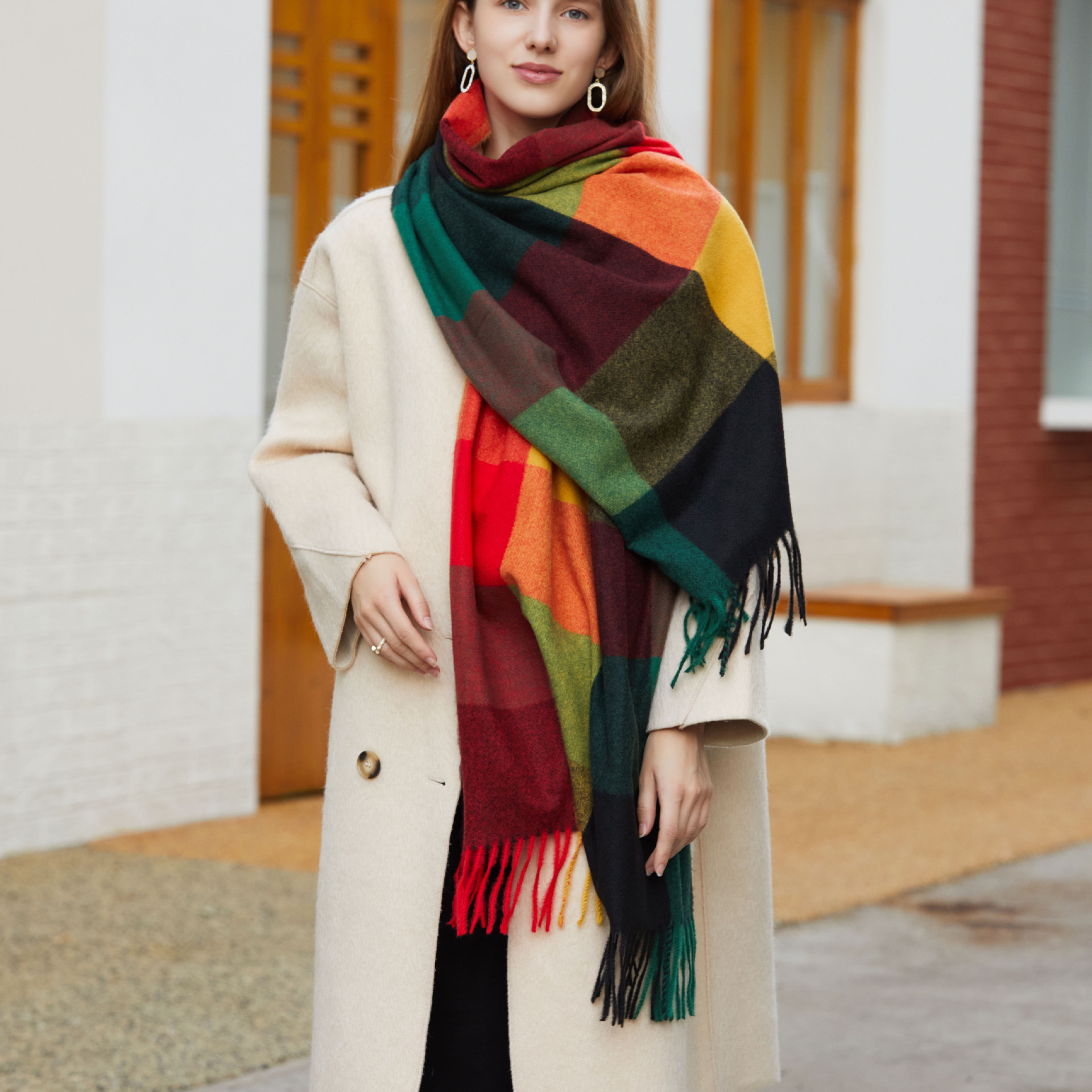 2022 Cross-Border Wholesale New Imitation Cashmere Matching Color Lattice Warm Bib Printed Scarf Wholesale Manufacturers Stall Wholesale details Picture