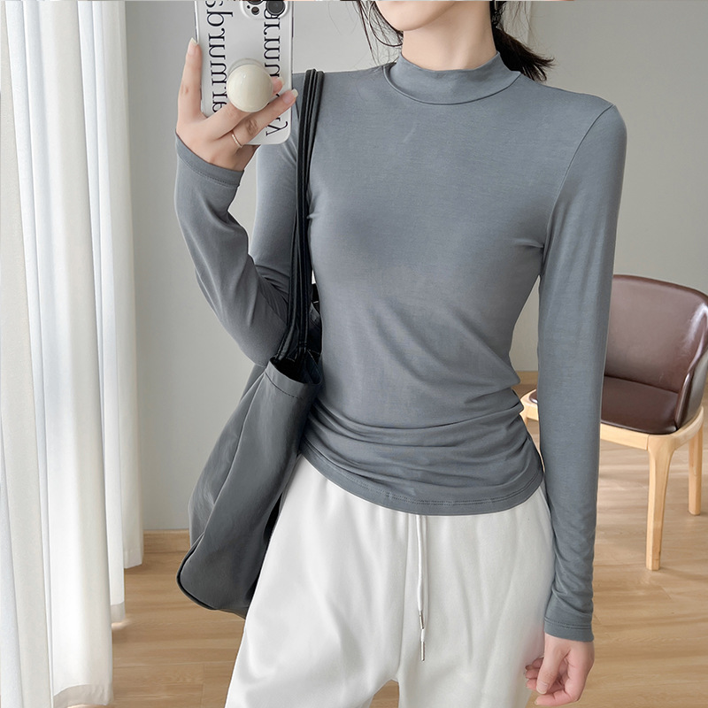 2022秋冬新款莫代尔修身小高领长袖T恤女韩版百搭简约纯色打底衫