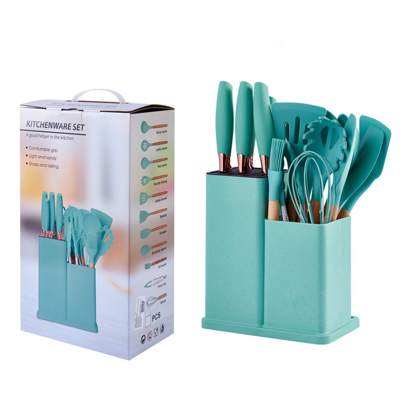 Wooden Handle Silicone Kitchen Utensils 19 Sets Chef Cooking Non-Stick Knives Cooking Spatula Spoon 12 Sets Cross-Border Supply Application Scenario