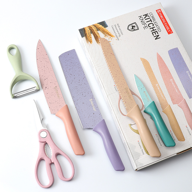 彩色厨房刀具套彩色小麦秆六件套套装礼品套刀网红刀彩色麦秆套刀