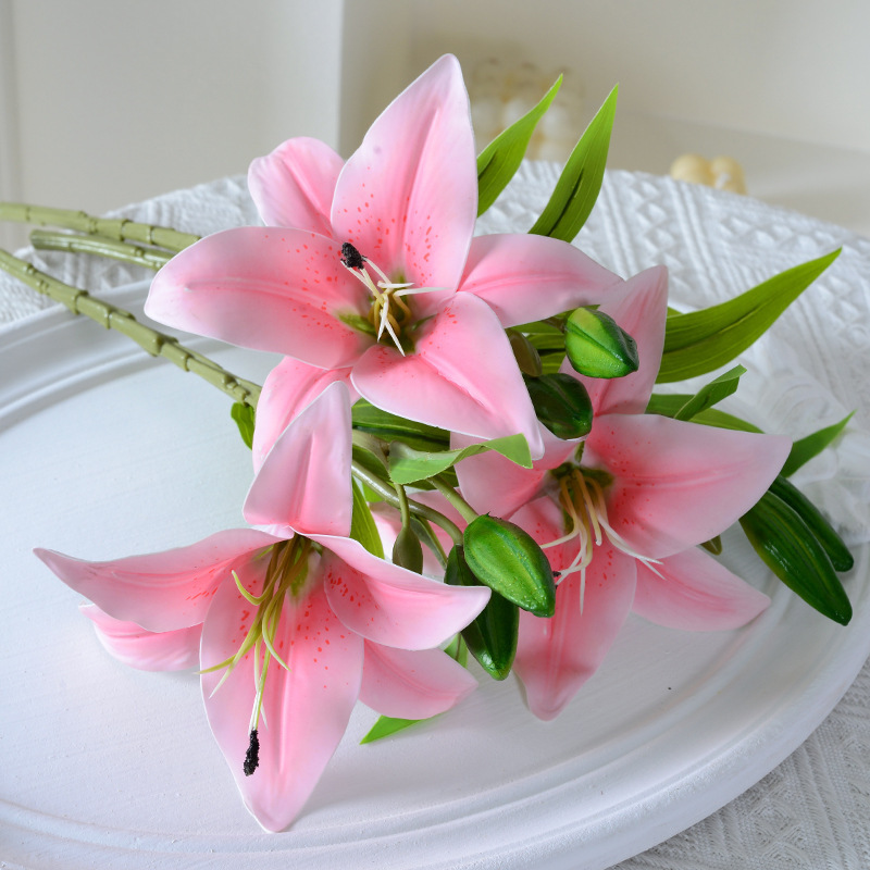 Single simulation 3-head mini lilies, hand-held film artificial flowers, home decoration, photography props, artificial flowers wholesale Specification image